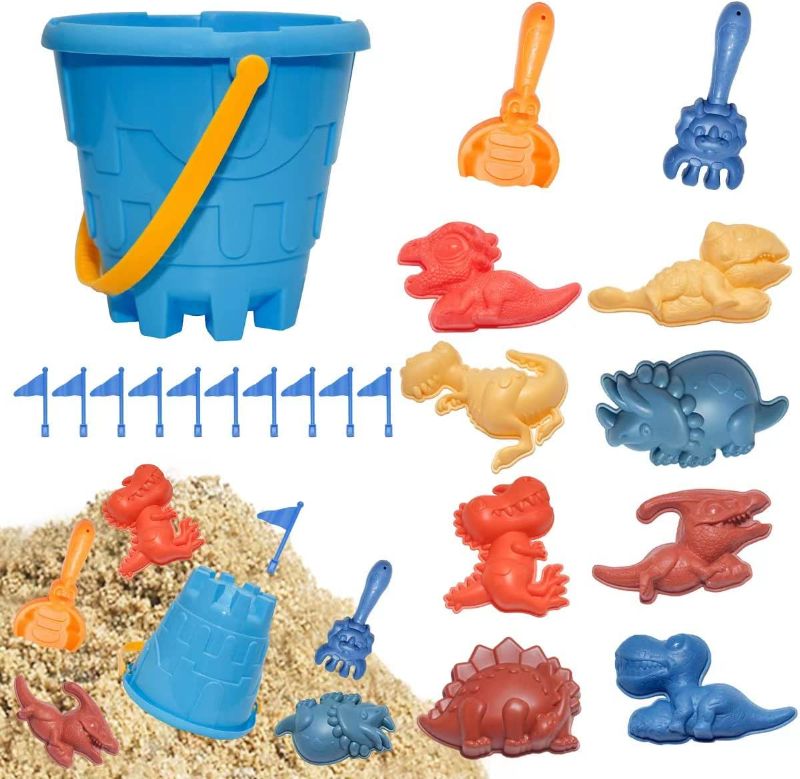 Photo 1 of Beach Sand Toys for Kids, 21 Pcs Toddlers Sand Castle Toys, Beach Bucket and Shovel, Rakes,Flag,Dinosaur Sand Molds Outdoor Sandbox Toys for Boys Girl Age 3-10