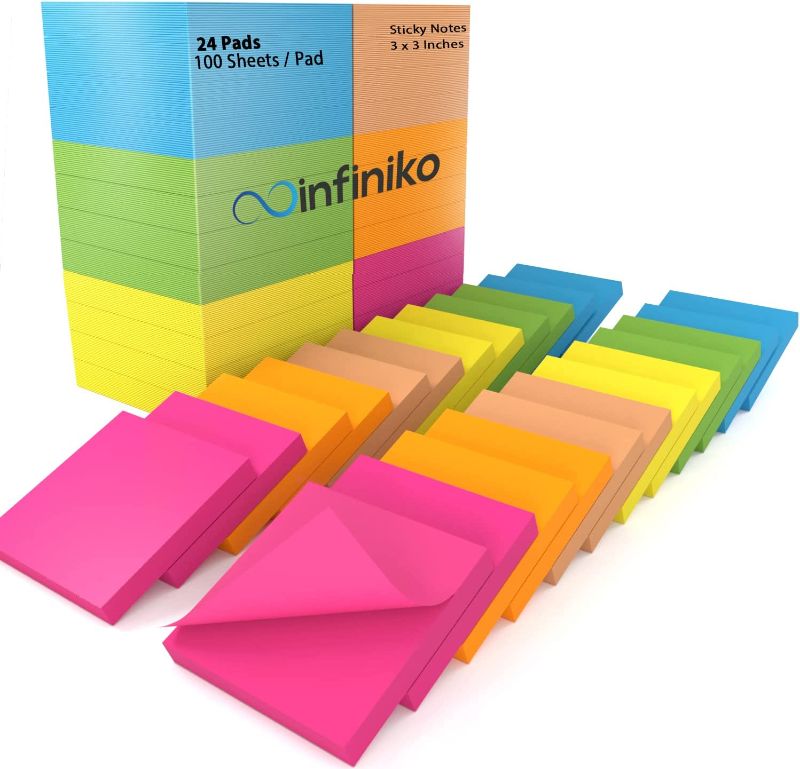 Photo 1 of Sticky Notes 3x3 in (24 Pads) Bright Colored Super Self Sticky Pads - 100 Sheets / Pad - Easy to Post for School, Office Supplies, Desk Accessories 24 PADS 2400 SHEETS TOTAL 
