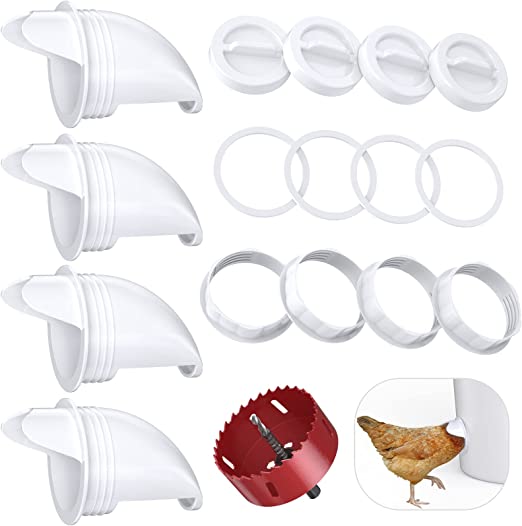 Photo 1 of Highpro Chicken Feeder Poultry Feeder 4 Ports Set, No Waste Gravity Feed Kit PVC DIY Chicken Feeders Port with Stopper Rodent Proof Rain Proof for Buckets, Barrels, Bins, Boxes(4 Ports,1 Hole Saw)
