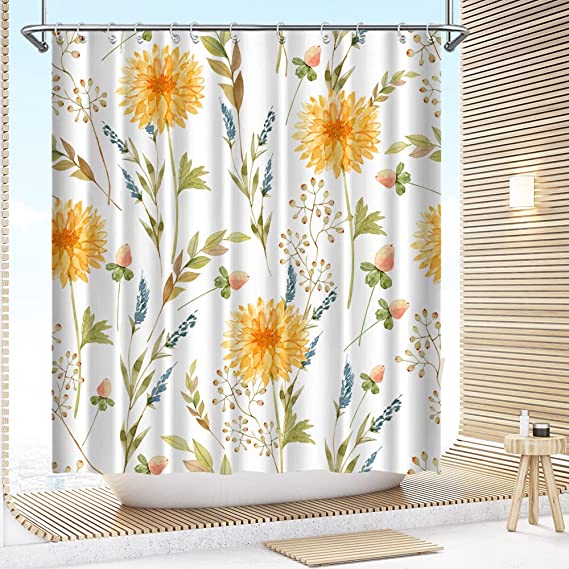 Photo 1 of Yellow Flower Shower Curtain Plants Leaves Pink Blue Watercolor Waterproof Fabric Bath Curtain Bathroom Decor with 12 Hooks 72 x 72 inches 100% Polyester
