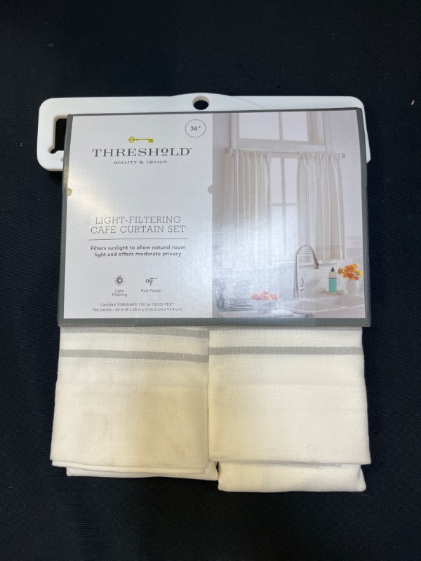 Photo 2 of 2pk 42"x36" Light Filtering Stripe Border Curtain Tiers Cream/Gray - Threshold™
SLIGHTLY DIRTY DUE TO EXPOSURE