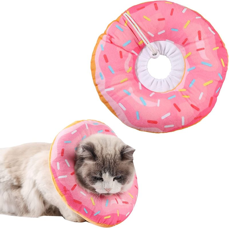Photo 1 of Adjustable Cat Cone Collar Soft Cute Cartoon Pet Recovery Collar for Cats After Surgery Wound Healing Pet Neck Protector Elizabethan Collars for Kitten Small Dogs (Pink Donut)  neck size of 6.3-11.4 inches
