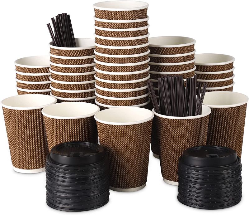 Photo 1 of ?12 Oz 80 Pack?Coffee Cups with Lids and Straws, Insulated Double Wall Paper Coffee Cups with Lids, Disposable Coffee Cups 12 Oz Coffee Cups with Lids To Go Coffee Cups with Lids Hot Cups with Lids