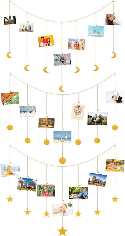 Photo 1 of 3 Pcs Graduation Hanging Photo Display Wall Hanging Photo Garland Hanging Photo Clip Display with Metal Chains and 60 Wood Clips Bedroom Decor for Teen Girls DIY Photos Pictures, Gold
