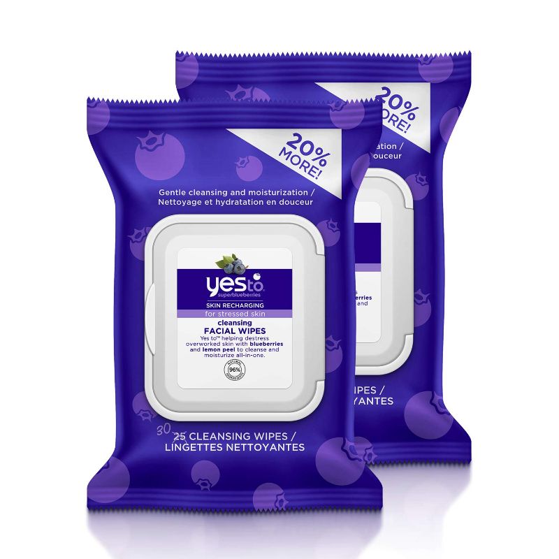 Photo 1 of Yes To Super Skin Recharging Cleansing Facial Wipes for Stressed Skin, Blueberry, 30 Count (Pack of 2)
