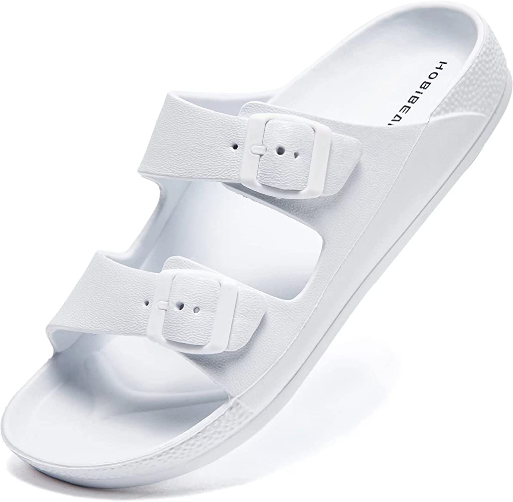 Photo 1 of Women Slides Men Flat Sandals with Arch Support Adjustable Double Buckle Comfy Slip on Water/Shower/Beach Slippers - Size: 9 Women/7.5 Men -