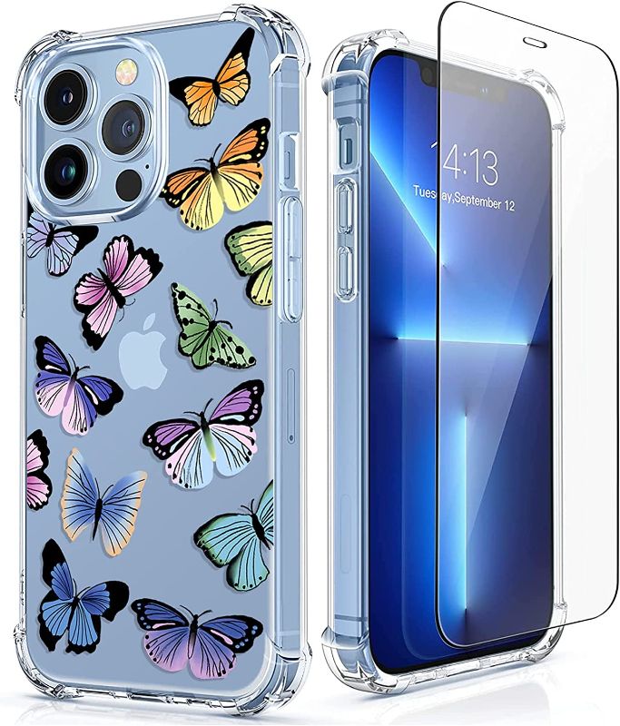 Photo 1 of [5-in-1] RoseParrot iPhone 13 Pro Max Case with Screen Protector + Ring Holder + Waterproof Pouch, Clear with Floral Pattern Design, Shockproof Protective Cover 