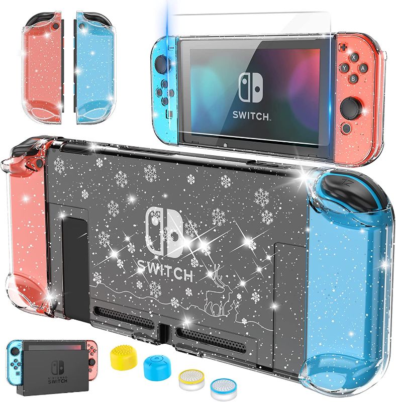 Photo 1 of HEYSTOP Clear Case Compatible with Nintendo Switch Dockable with Screen Protector, Protective Case Cover for Nintendo Switch Joy-Con, Tempered Glass Screen Protector and 4 Pcs Thumb Caps (Snow)