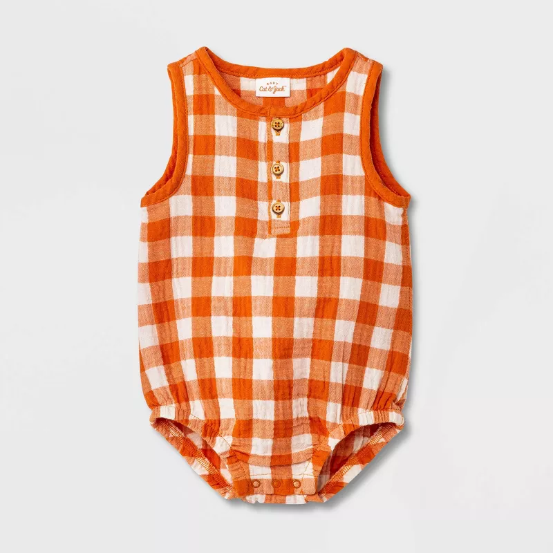 Photo 1 of Baby Gingham Gauze Henley Romper - Cat & Jack™ Orange