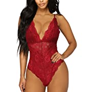 Photo 1 of Aranmei Lingerie for Women Sexy Deep V Lace Bodysuit Snap Crotch Teddy Sleepwear MEDIUM
