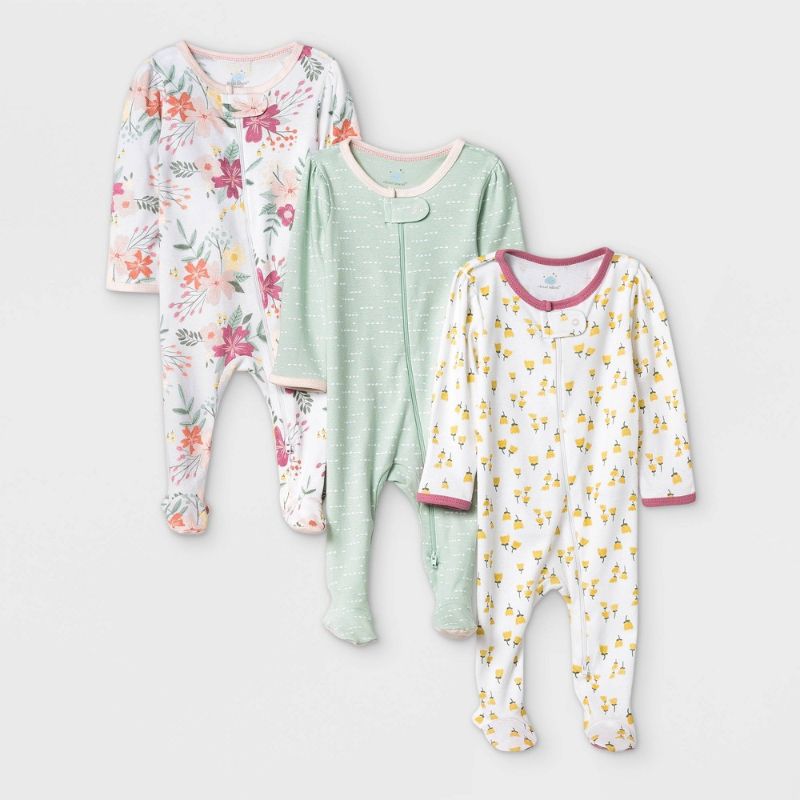 Photo 1 of Baby Girls' 3pk Meadow Zip-up Sleep N' Play - Cloud Island™ White/Mint/Yellow 0-3M
