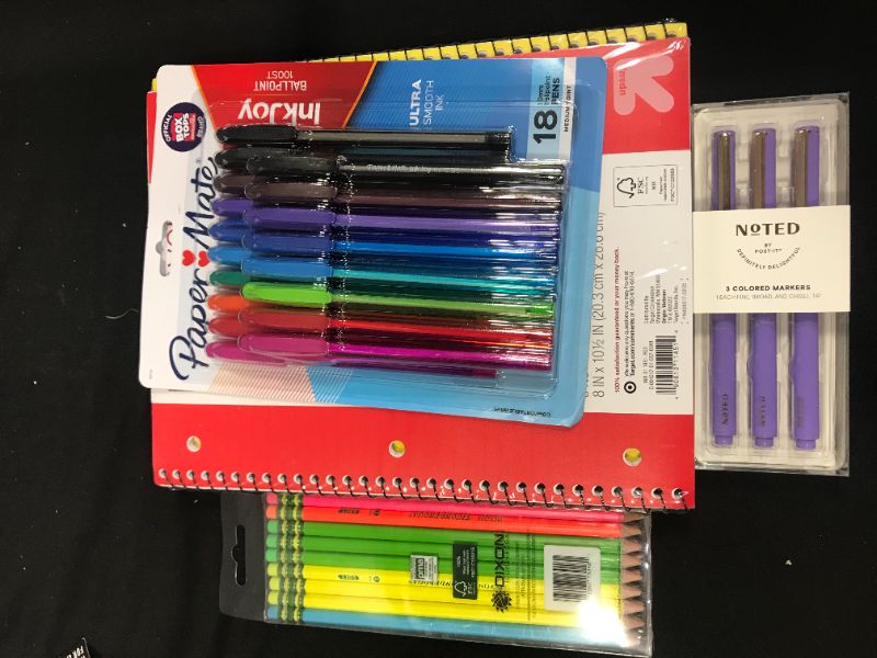 Photo 2 of 5pk 1 Subject College Ruled Spiral Notebooks - up  up, plus pens and pencils