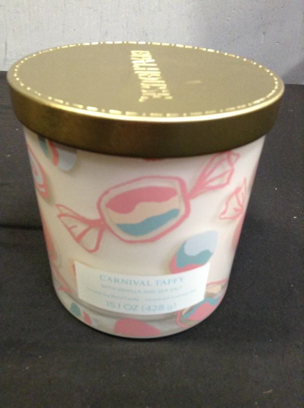 Photo 1 of 15oz Lidded Glass Jar 2-Wick Candle Taffy Print Carnival Taffy White - Opalhouse™

