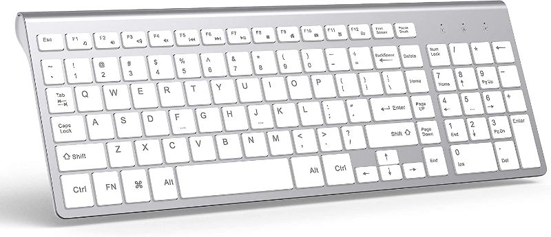 Photo 1 of J JOYACCESS White Wireless Keyboard, 2.4G USB Ultra Slim and Compact Computer Cordless Keyboard with Numeric Keypad,External Wireless Keyboard for Laptop, Apple,MacBook Air,Windows,PC-Sliver&White
