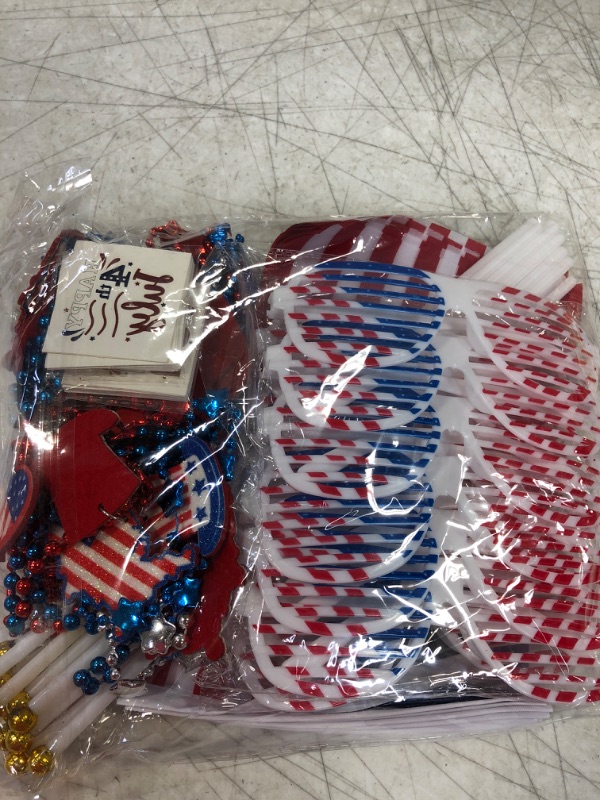 Photo 2 of 4th of July Patriotic Accessories of 12 USA Flag, 12 Party Necklaces, 12 Shutter Shades Glasses and 48 Temporary Tattoos for 4th of July Celebration, Independence Day, Memorial Day Party Favor Decoration
