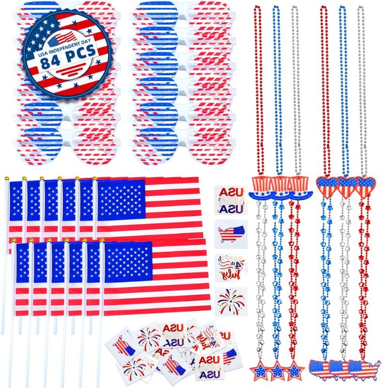 Photo 1 of 4th of July Patriotic Accessories of 12 USA Flag, 12 Party Necklaces, 12 Shutter Shades Glasses and 48 Temporary Tattoos for 4th of July Celebration, Independence Day, Memorial Day Party Favor Decoration
