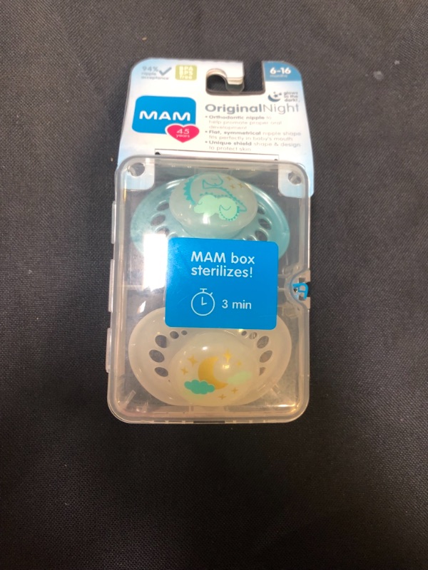 Photo 2 of  MAM 6+ Months Night Glow-in-the-Dark Orthodontic Pacifier, 2 Count  -- Factory Sealed --

