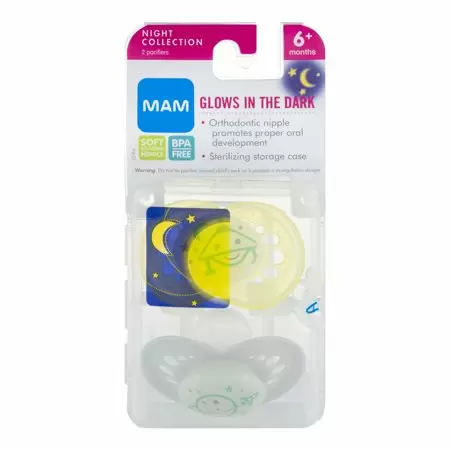 Photo 1 of  MAM 6+ Months Night Glow-in-the-Dark Orthodontic Pacifier, 2 Count  -- Factory Sealed --

