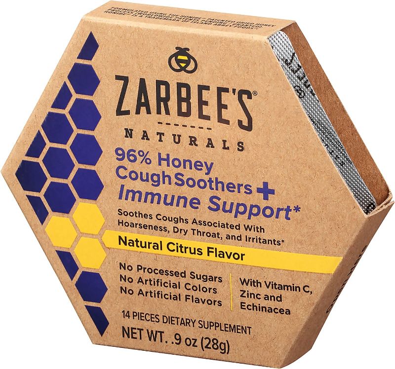 Photo 1 of Zarbee's Naturals 96% Honey Cough Soothers + Immune Support, Natural Citrus Flavor, 14 Cough Soothers, Best By 11/2022, 2 Count 
