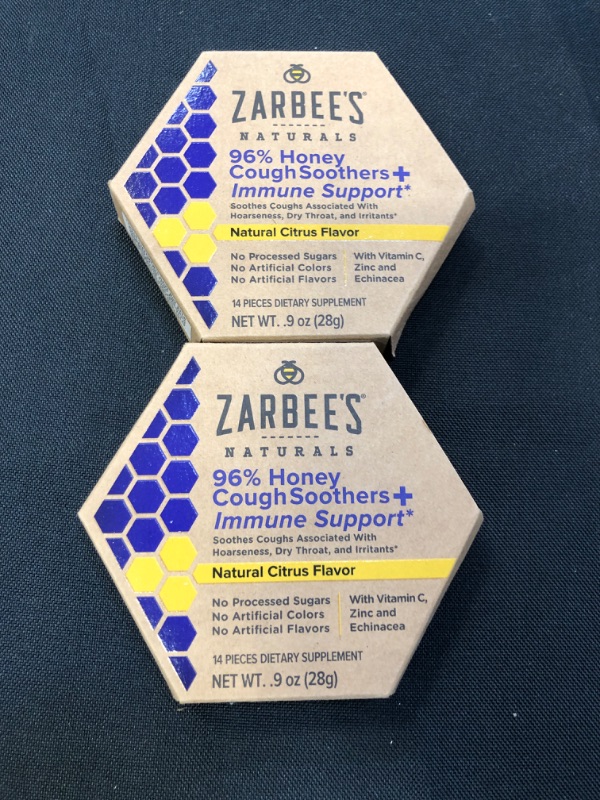Photo 2 of Zarbee's Naturals 96% Honey Cough Soothers + Immune Support, Natural Citrus Flavor, 14 Cough Soothers, Best By 11/2022, 2 Count 
