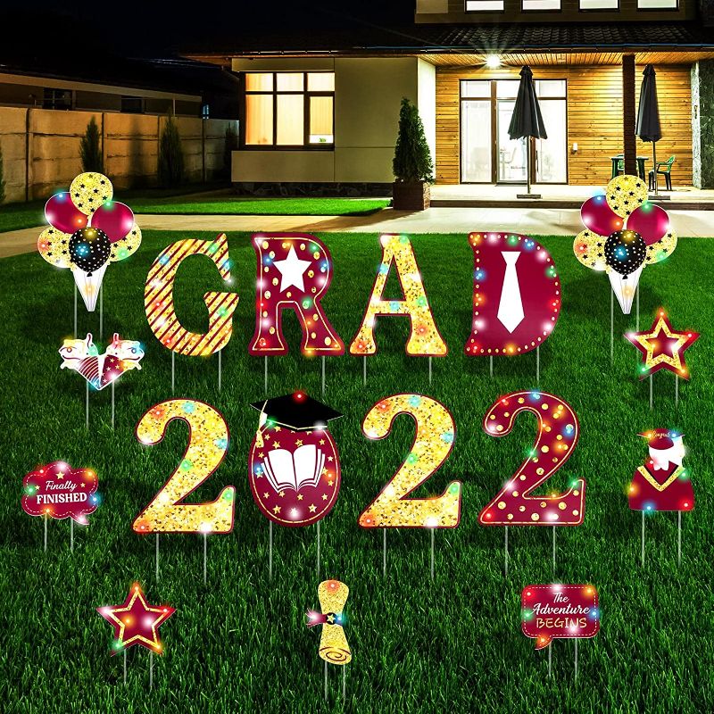 Photo 1 of 17 Pieces Lighted up 2022 Graduation Yard Signs Stakes Decorations Class of 2022 Graduation Lawn Decor with Light, Oversize Waterproof Congrats Grad Yard Sign Personalized Outdoor Party Supplies
