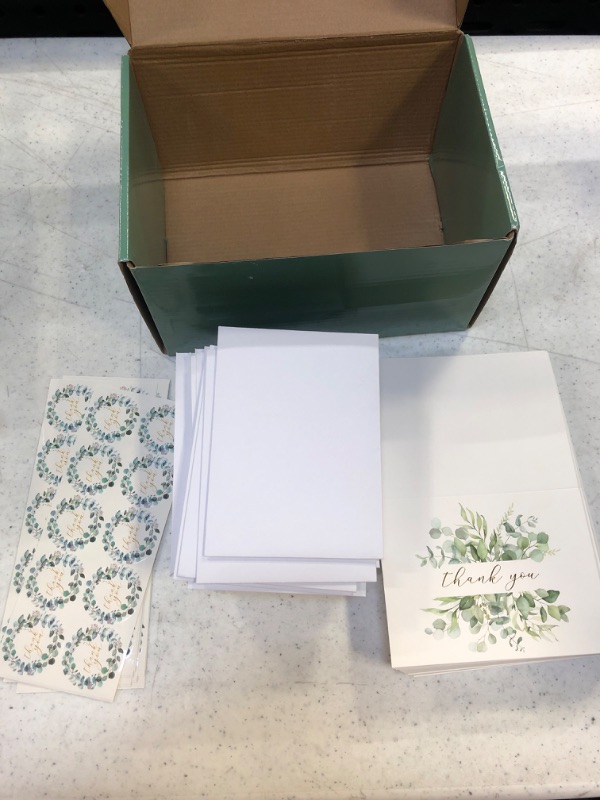 Photo 3 of 100 Eucalyptus Gold Foil Thank You Cards Bulk - Blank Note Cards with Greenery Envelopes – Include Stickers----MISSING CARDS