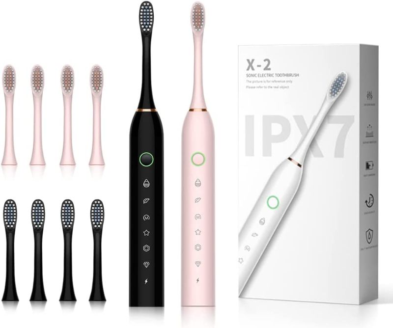 Photo 1 of 2 Pack Sonic Electric Toothbrush, 6 Modes 42000vpm with 2-Minute Built-in Timer Include 8 Brush Heads (Black+Pink)