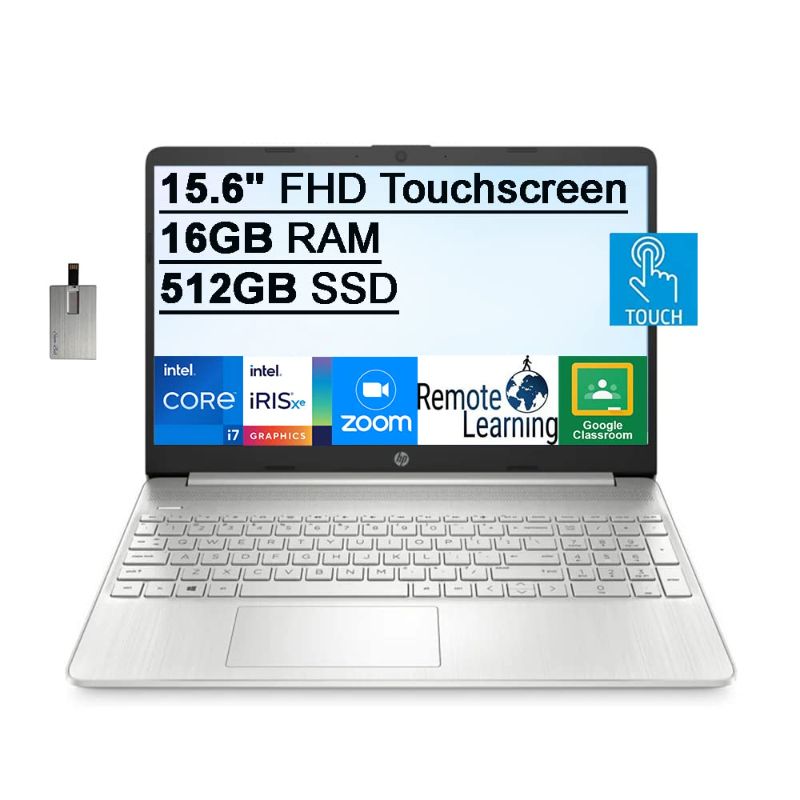 Photo 1 of 2020 HP 15.6" HD Touchscreen Laptop Computer, 8th Gen Intel Quad-Core i7-8550U, 32GB RAM, 2TB PCIe SSD, Intel HD Graphics 620, HD Audio, HD Camera, Bluetooth, Win 10S, Silver, 32GB SnowBell USB Card