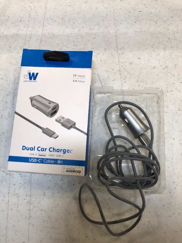 Photo 2 of Just Wireless 3.4A/17W 2-Port USB-C  QC3.0 Car Charger with 6ft Braided Type-C to USB Cable -Slate