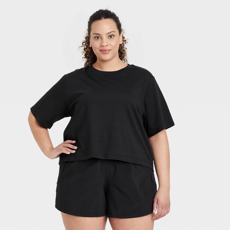 Photo 1 of Black Supima Cotton Cropped Active Short Sleeve Top - SMALL
