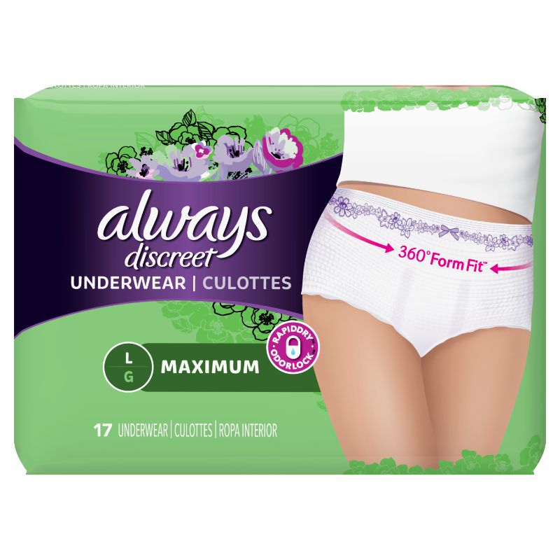 Photo 1 of Always Discreet Incontinence Underwear for Women, Maximum Absorbency Large - 17.PCK
(RIP ON PACKAGE)
