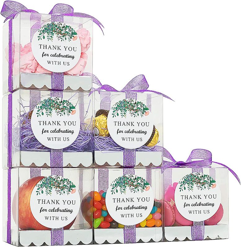 Photo 1 of 30 Pcs Candy Apple Boxes 4"x4"x4" Clear Gift Boxes,Clear Favor Boxes Transparent Gift box for Candy Macaron Cookies with Purple Ribbon for Wedding Birthday Party Baby Shower Bridal Shower