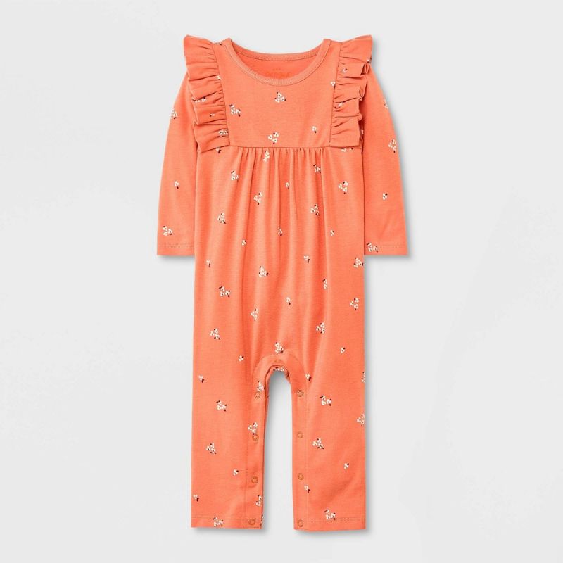 Photo 1 of Baby Girls' Floral Ruffle Jersey Long Sleeve Romper - Cat & Jack™ Terracotta
size - 3 - 6 months 
