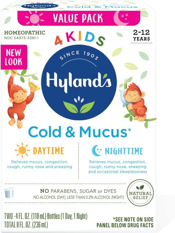 Photo 1 of Kids Cold Medicine and Mucus Relief for Ages 2+, Hylands 4 Kids Cold 'n Mucus, Day and Night Value Pack, Syrup Cough Medicine for Kids, Nasal Decongestant and Allergy Relief, 4 Fl Oz - 2 pcs 