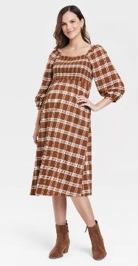 Photo 1 of 3/4 Sleeve Smocked Flannel Maternity Dress - Isabel Maternity by Ingrid & Isabel™ Brown Plaid
XS
