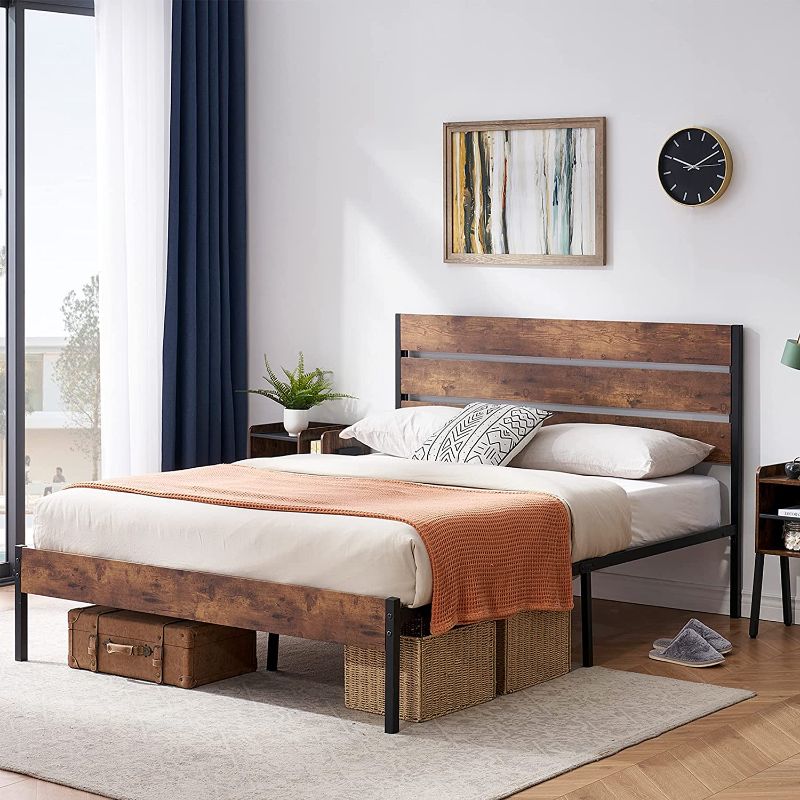 Photo 1 of VECELO Platform Queen Bed Frame with Rustic Vintage Wood Headboard, Mattress Foundation, Strong Metal Slats Support, No Box Spring Needed
