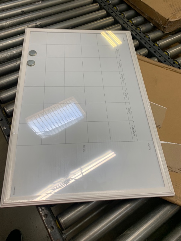 Photo 4 of U Brands Magnetic Dry Erase Calendar Whiteboard, 30" x 20", White Decor Frame (2075U00-01), Box Packaging Damaged, Item is New, Damage in Woodnen Frame as shown in Pictures