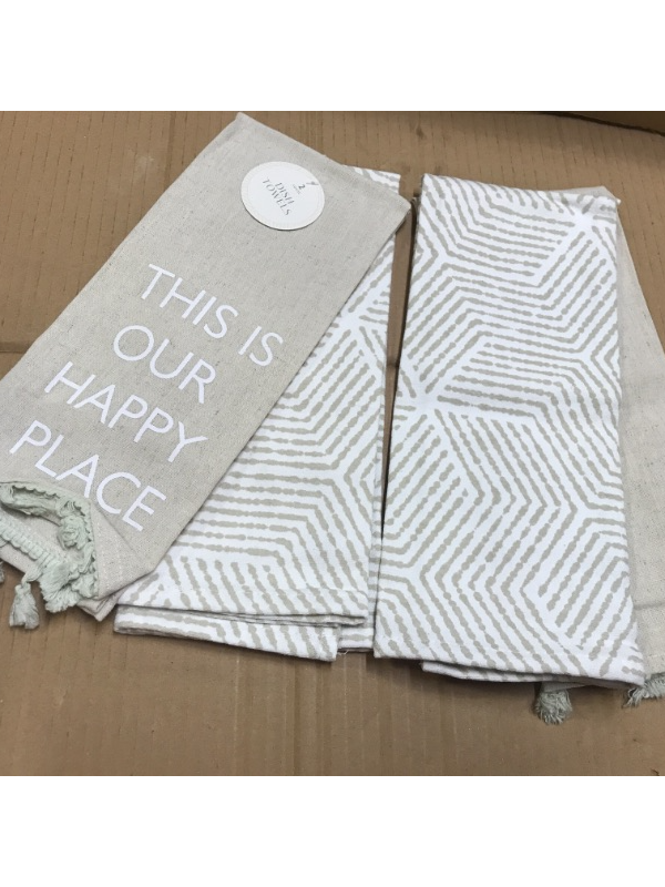 Photo 2 of 4 pcs Dish Towel Set, This Is Our Happy Place 25” X 15” Tan & White
