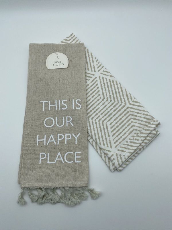 Photo 1 of 4 pcs Dish Towel Set, This Is Our Happy Place 25” X 15” Tan & White

