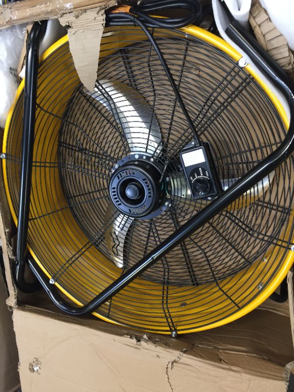 Photo 1 of YELLOW INDUSTRIAL FAN, TURNS ON, MISSING HARDWARE FOR BRACKET STANDS 