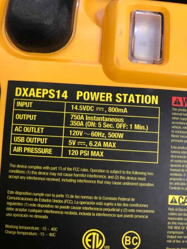 Photo 4 of DEWALT DXAEPS14 1600 Peak Battery Amp 12V Automotive Jump Starter/Power Station with 500 Watt AC Power Inverter