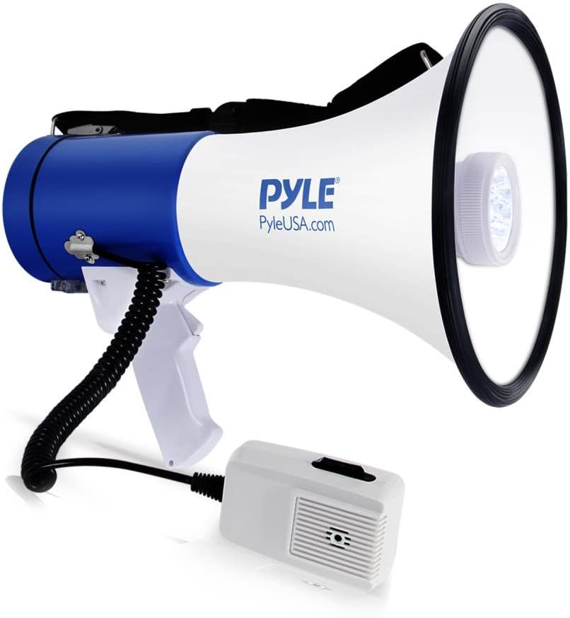 Photo 1 of Pyle Portable Compact PA Megaphone Speaker w/ LED Flashlight, Alarm Siren, Adjustable Volume, 50W Handheld Lightweight Bullhorn w/ Detachable Mic, Battery Powered, for Indoor Outdoor-PMP51LT Black
