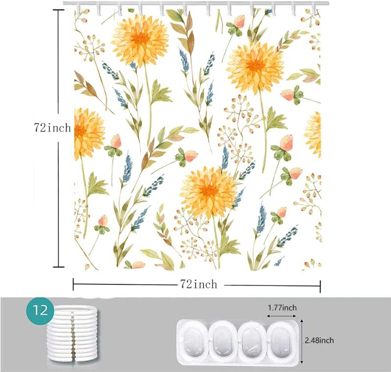 Photo 1 of Yellow Flower Shower Curtain Plants Leaves Pink Blue Watercolor Waterproof Fabric Bath Curtain Bathroom Decor with 12 Hooks 72 x 72 inches 100% Polyester