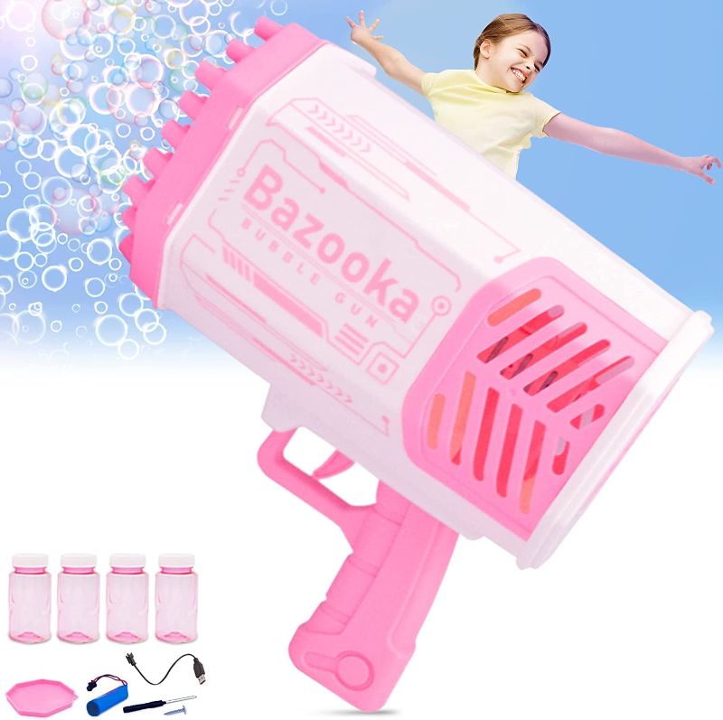 Photo 1 of Bazooka Bubble Gun Machine - Automatic Bubble Machine Toy Gun for Kids, Bubble Maker with 4 Bottles of Solution, Rechargeable Battery - Pink & White by.