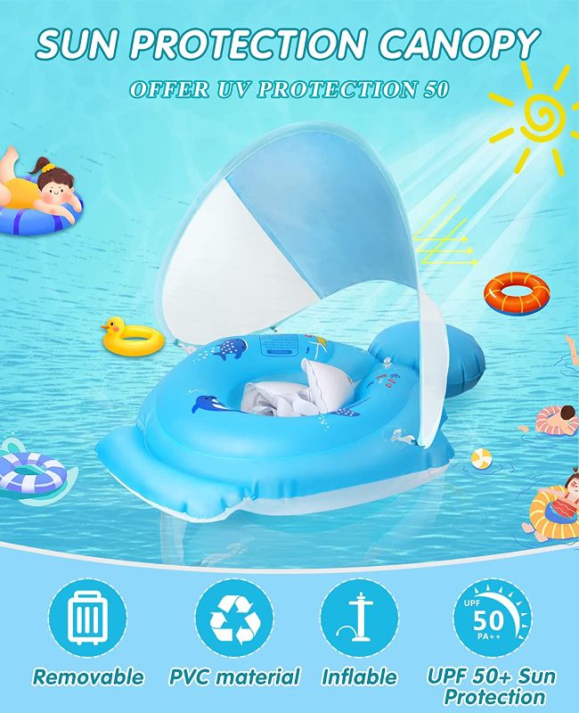 Photo 2 of Baby Pool Float with Canopy, Baby Swimming Float Add Tail No Flip, Infant Pool Float, Inflatable Toddler Pool Float with Toys for Age of 3-36 Month (Large)