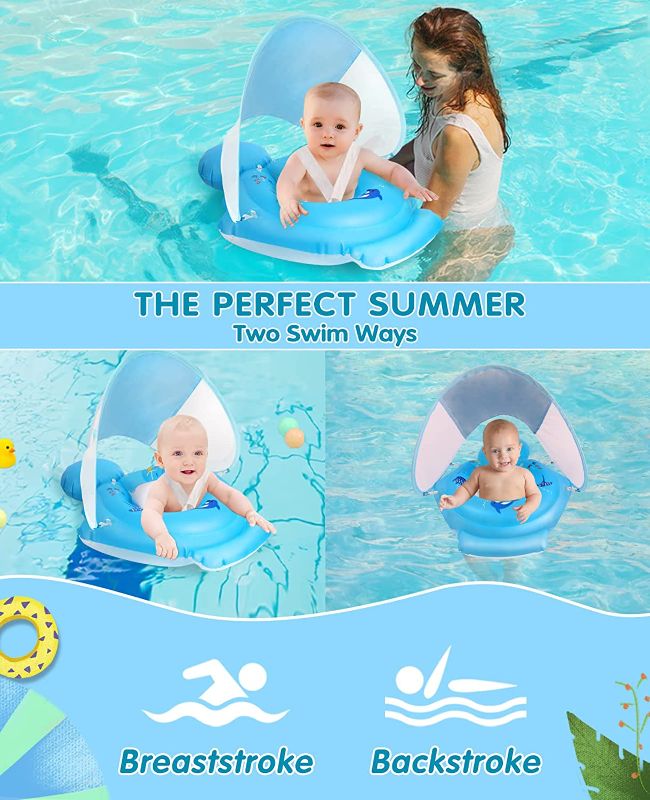 Photo 1 of Baby Pool Float with Canopy, Baby Swimming Float Add Tail No Flip, Infant Pool Float, Inflatable Toddler Pool Float with Toys for Age of 3-36 Month (Large)