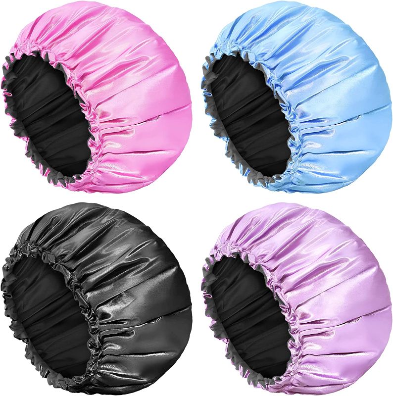 Photo 1 of Aquior Shower Cap, 4-Pack Bathing Reusable Shower Caps for Long Hair Women, Double Layers Premium Sumptuous Silky Satin 100% Waterproof Shower Cap Extra Large