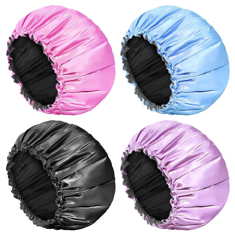 Photo 1 of Aquior Shower Cap, 4-Pack Bathing Reusable Shower Caps for Long Hair Women, Double Layers Premium Sumptuous Silky Satin 100% Waterproof Shower Cap Extra Large