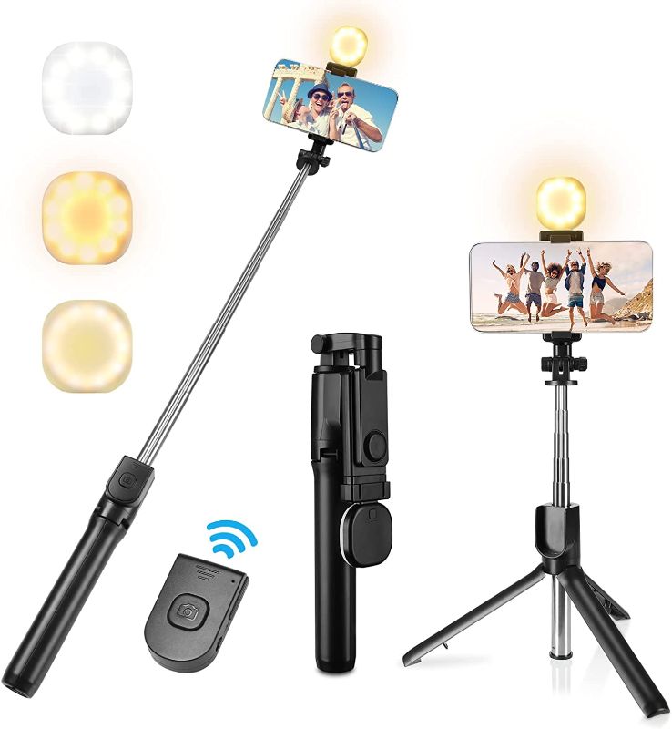 Photo 1 of MQOUNY Selfie Stick with Tripod Stand,Portable Rechargeable Dimmable Selfie Fill Light,Bluetooth Remote&Phone Holder Compatible with iPhone 12 12 Pro 11 11 Pro XS Max XR Galaxy/iOS/Android (Black)