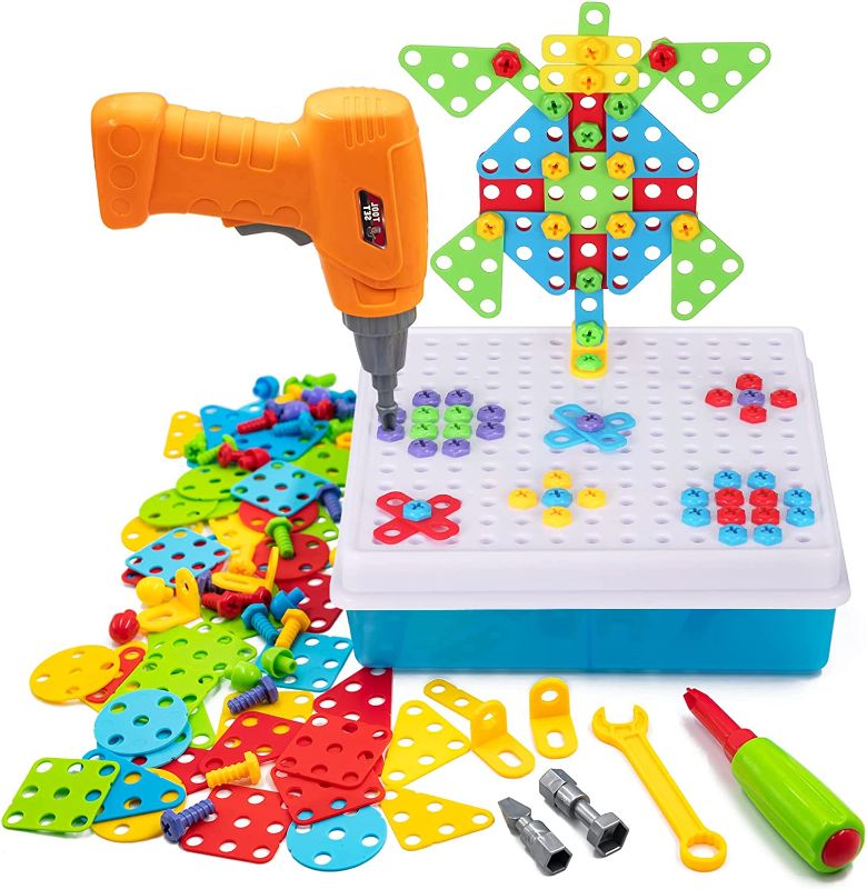 Photo 1 of Creative Mosaic Drill Set for Kids, Electric Drill and Screw Design Mosaic Art Puzzle Drilling Toy, STEM Building Toys Screwdriver Set for Boys and Girls 3-5 4-8 Years Old Birthday Gift